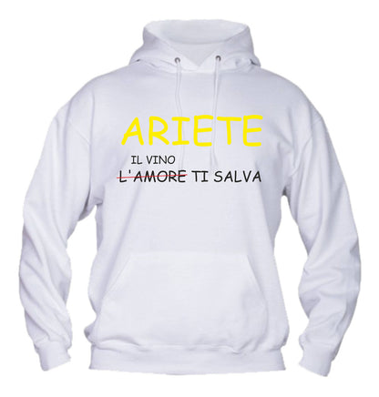 Felpa con cappuccio UOMO, DONNA & BAMBIN - ARIETE IL VINO TI SALVA - Super vestibilità Top qualità - Social Crazy