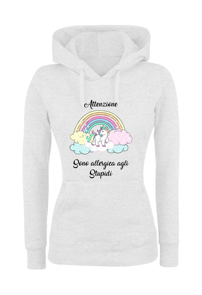 Felpa con cappuccio DONNA - ATTENZIONE SONO ALLERGICA AGLI STUPIDI - Super vestibilità Top qualità - Social Crazy