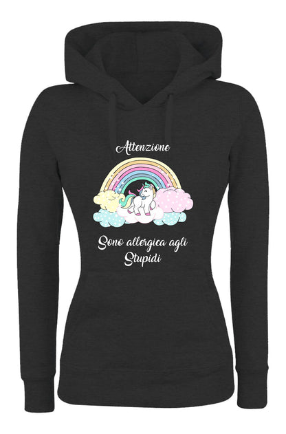 Felpa con cappuccio DONNA - ATTENZIONE SONO ALLERGICA AGLI STUPIDI - Super vestibilità Top qualità - Social Crazy