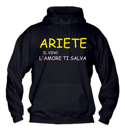 Felpa con cappuccio UOMO, DONNA & BAMBIN - ARIETE IL VINO TI SALVA - Super vestibilità Top qualità - Social Crazy
