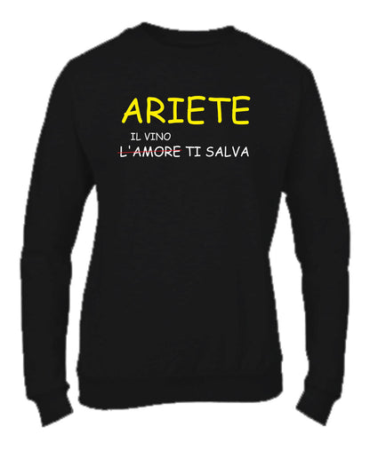 Felpa Girocollo UOMO, DONNA & BAMBIN - ARIETE IL VINO TI SALVA - Super vestibilità Top qualità - Social Crazy